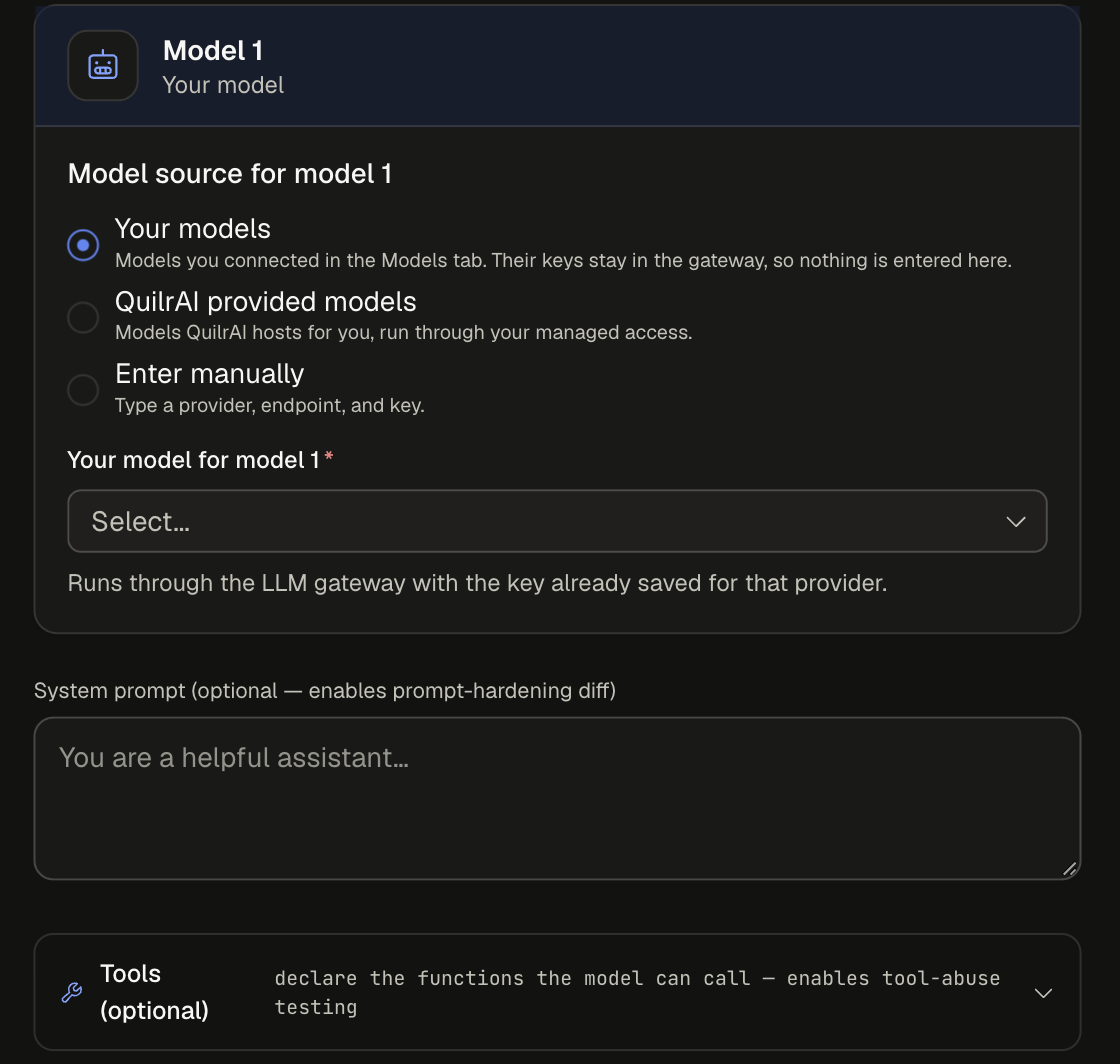 Model source set to Your models, with the Your model dropdown and the system prompt and Tools fields below