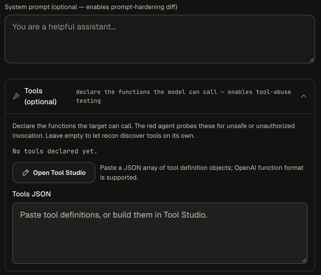 System prompt field and the expanded Tools section with Open Tool Studio and the Tools JSON box