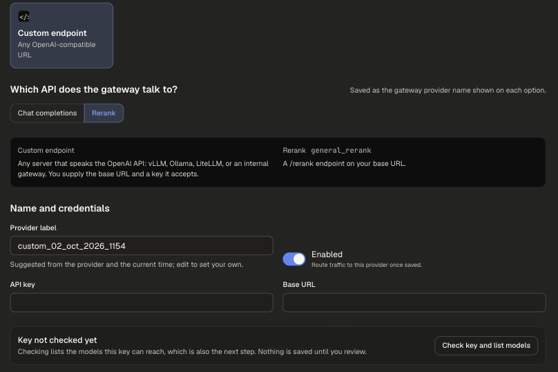 Custom endpoint form for the Rerank API with API key and Base URL