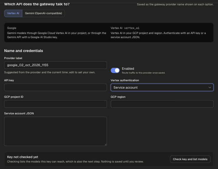 Google Vertex AI form with Vertex authentication set to Service account, GCP project ID, GCP region and Service account JSON