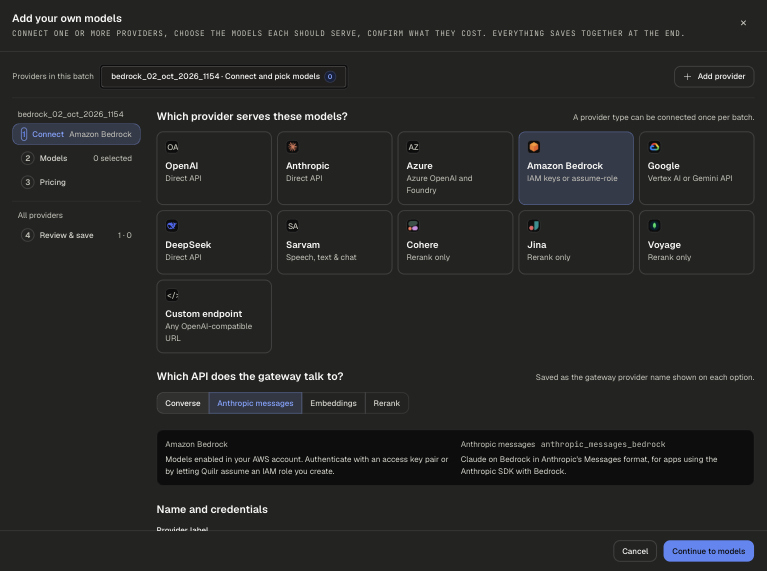 Add your own models, Connect step, with provider tiles and the API options for Amazon Bedrock
