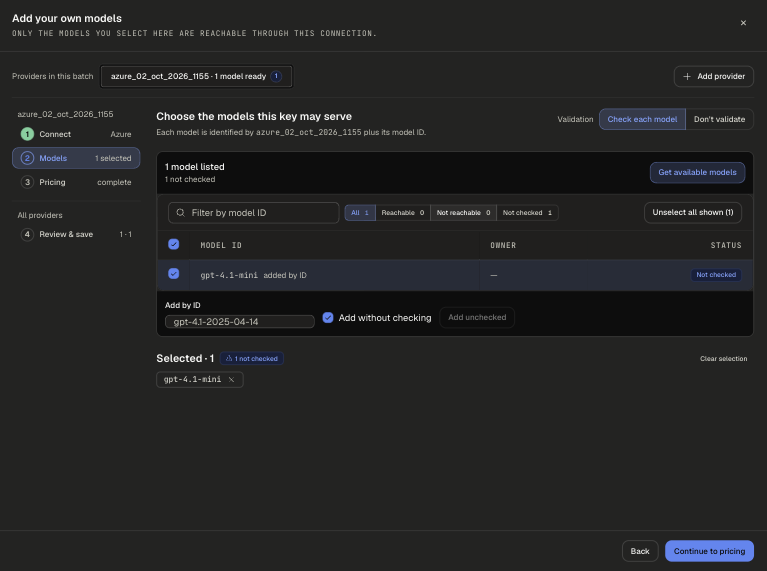 Models step with Get available models, Add by ID with Add without checking, and one selected model