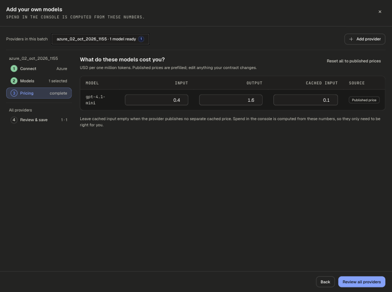 Pricing step with input, output and cached input prices prefilled from published prices