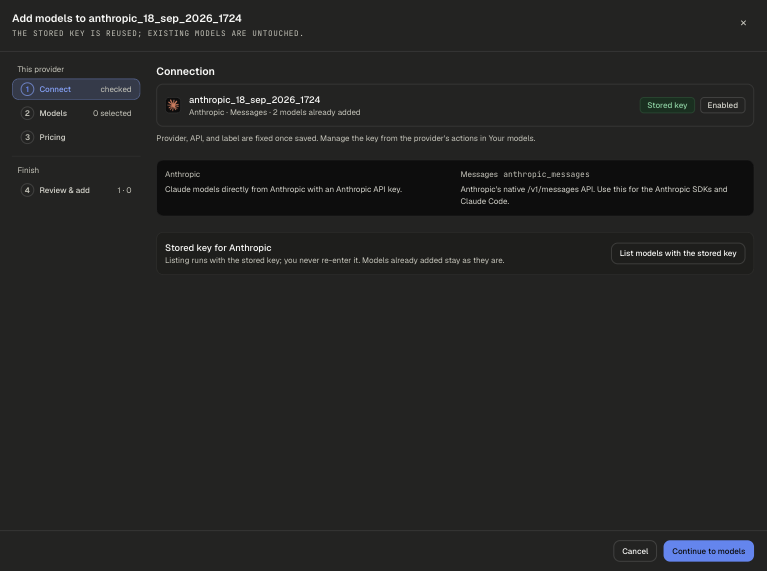 Add models to an existing provider, with the Stored key and Enabled badges and a List models with the stored key button