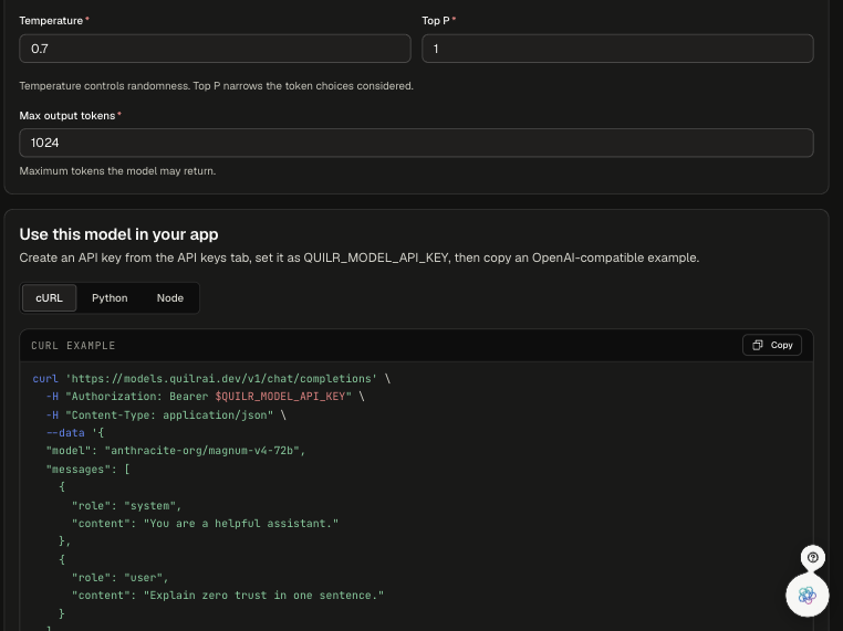 Request settings and the Use this model in your app panel