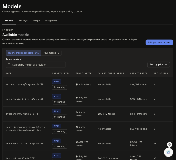 QuilrAI-provided models catalog
