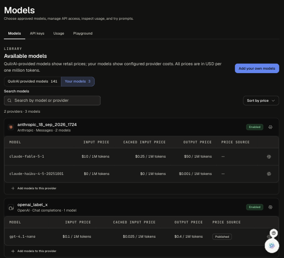 Your models list showing two provider cards, each with its label, provider and API, Enabled badge, and a table of models with input, cached input and output prices