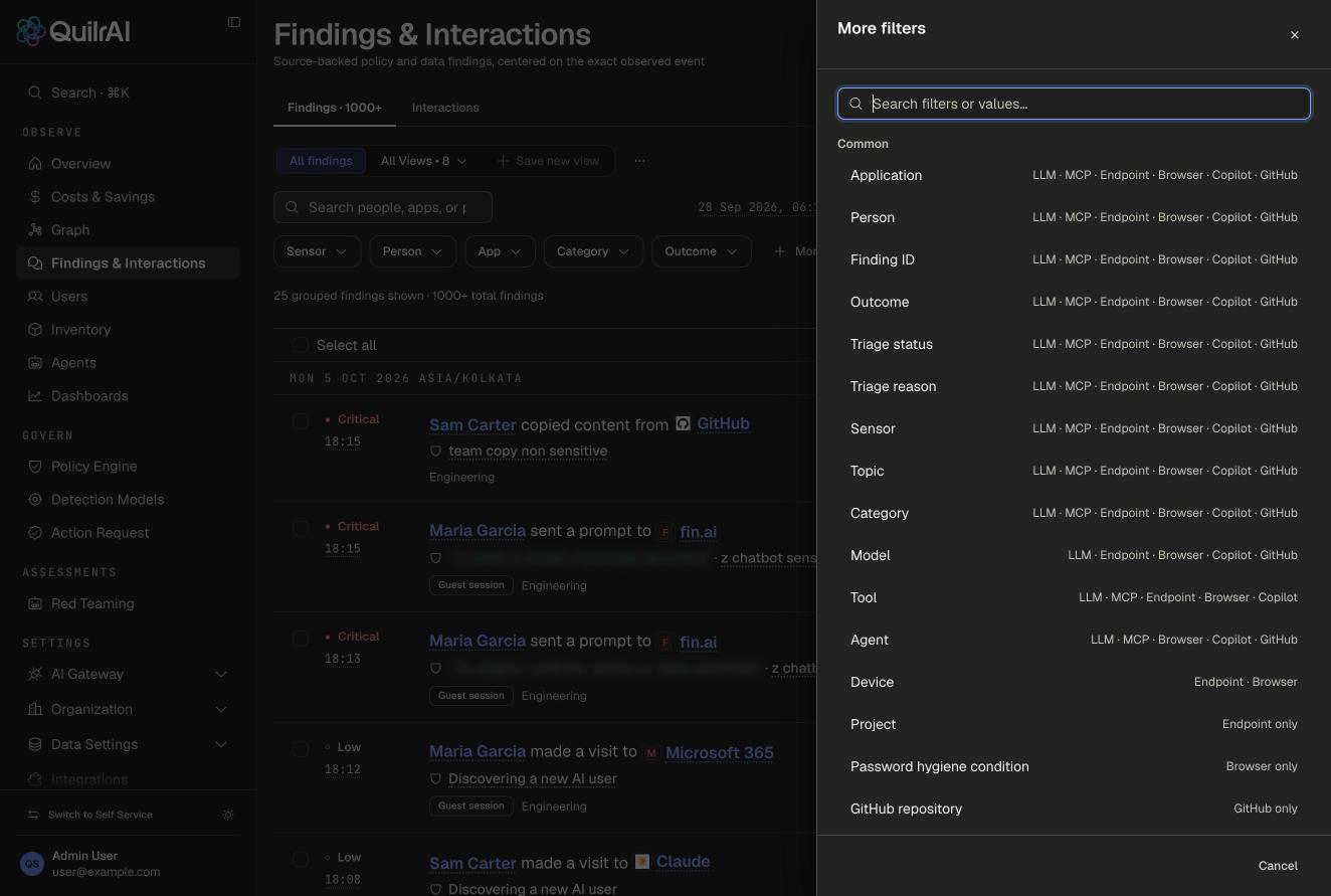 More filters panel listing Application, Person, Finding ID, Outcome, Triage status, Triage reason, Sensor, Topic, Category and more, each with the sensors it applies to
