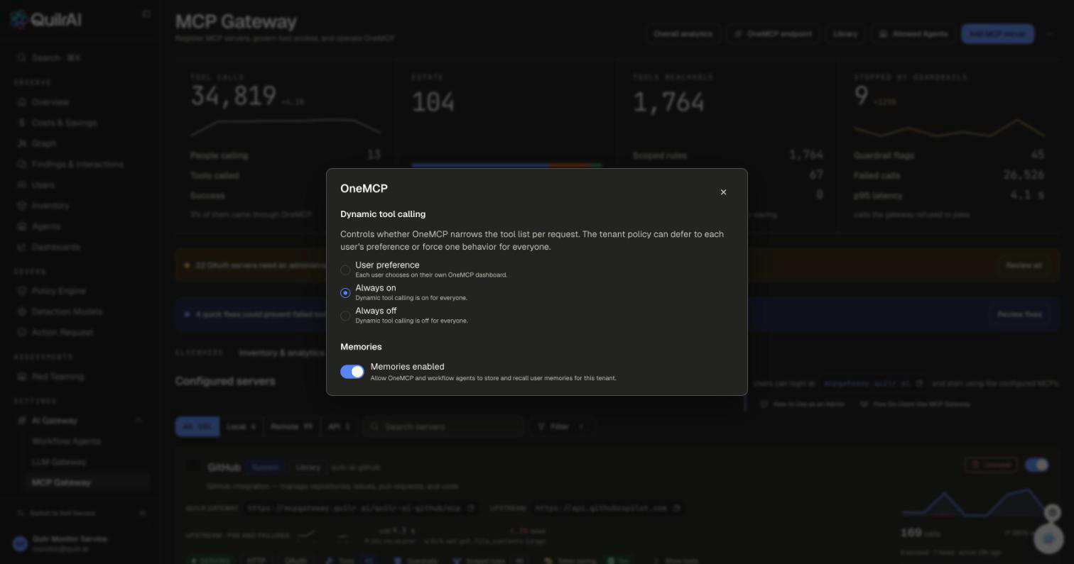 OneMCP dialog with the Dynamic tool calling choices and the Memories enabled switch