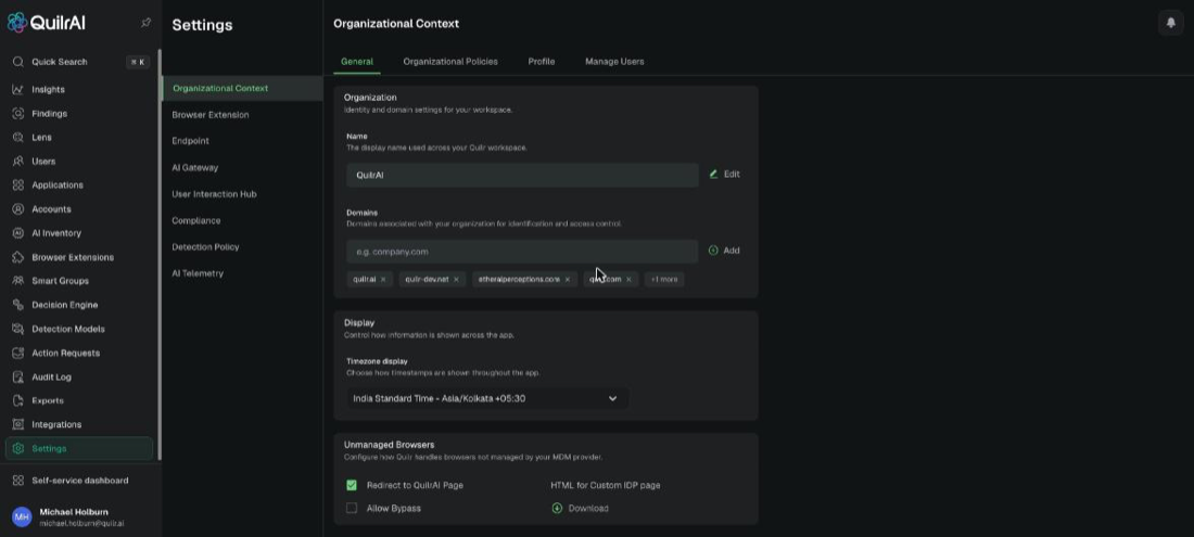 Organizational Context, General: organization name, domains, timezone display, and unmanaged-browser handling. Example tenant.