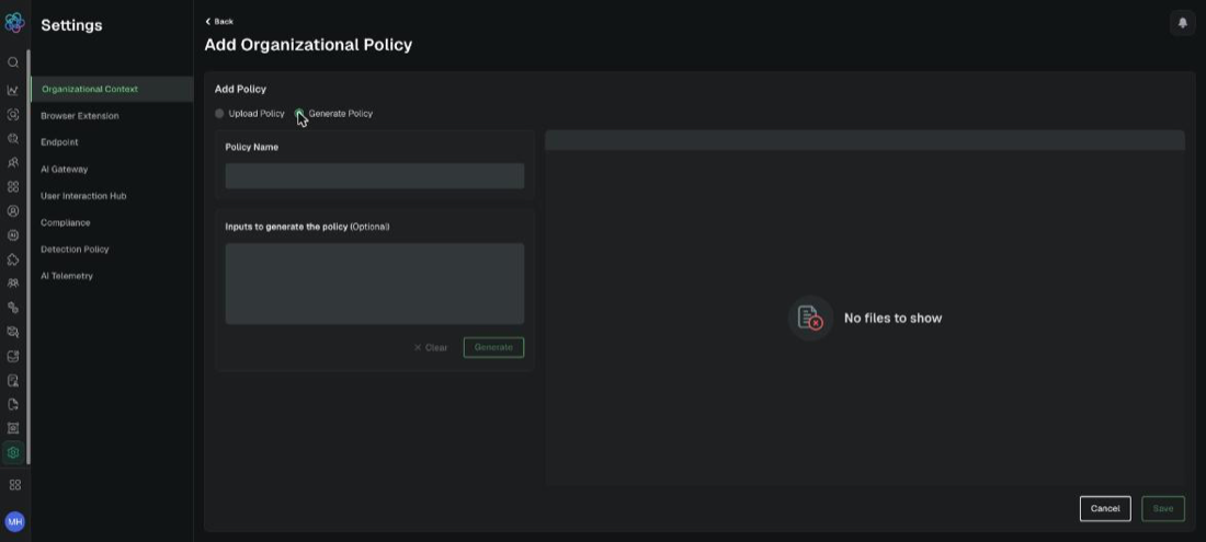 Add Organizational Policy in Generate Policy mode, with Policy Name and optional generation inputs. Example tenant.