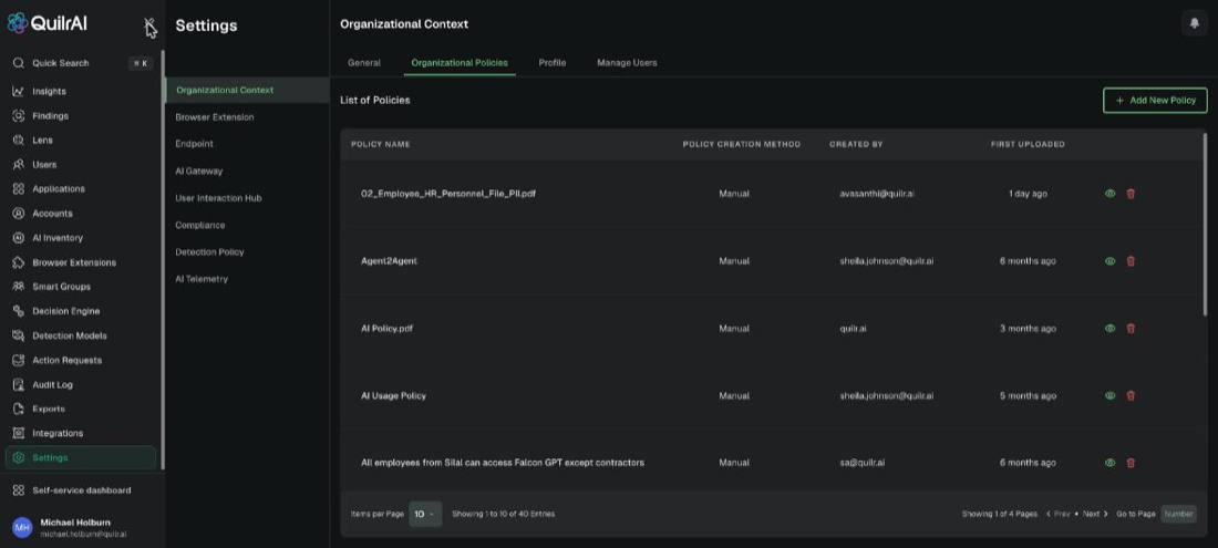 List of Policies with the policy inventory and the + Add New Policy control. Example tenant.