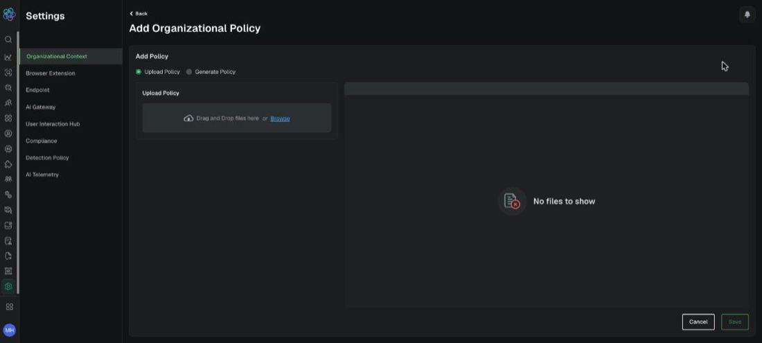 Add Organizational Policy in Upload Policy mode, with drag-and-drop and Browse. Example tenant.