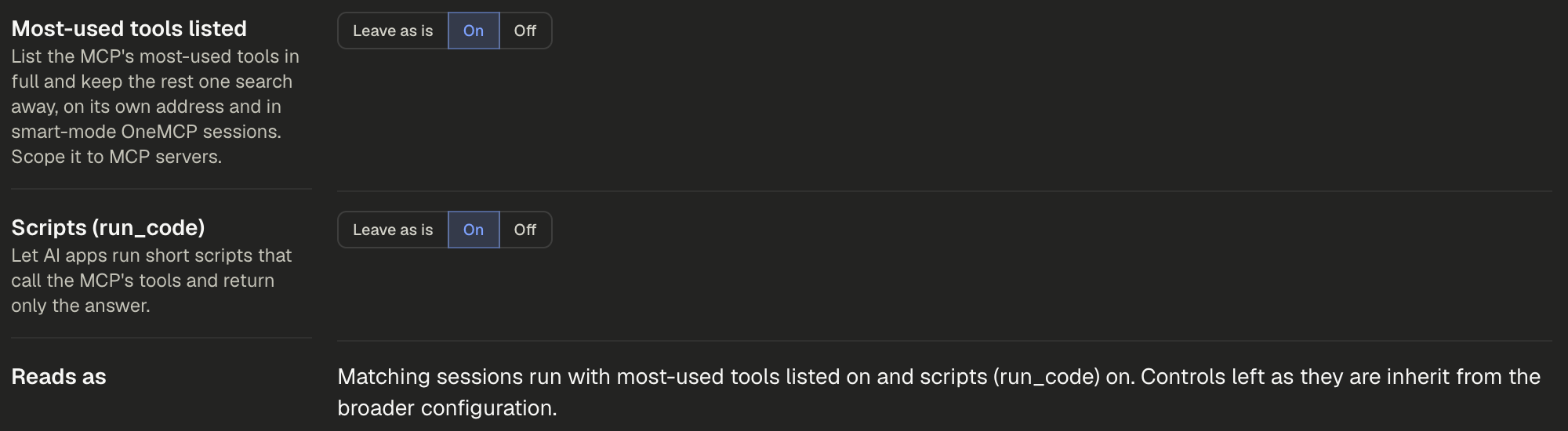 Quick add form rows for Most-used tools listed and Scripts (run_code), both set to On, with the Reads as sentence