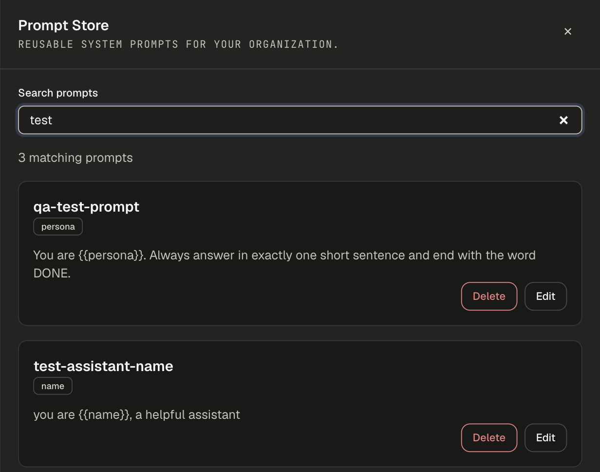 Global Prompt Store drawer with a search box and two prompts showing their persona and name variable chips