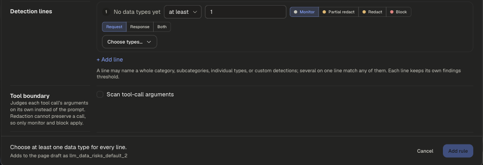 New data rule dialog with a detection line, action and stage buttons, and the Scan tool-call arguments option