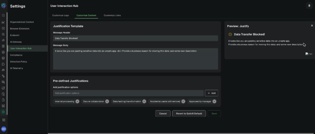 Editing a justification template, with header, body, pre-defined justifications, and the live preview. Example tenant.