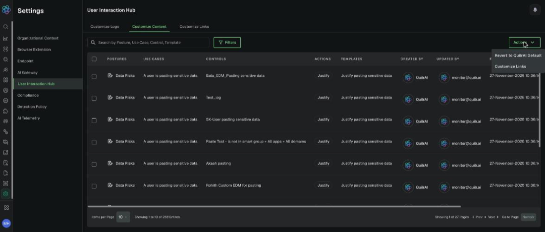 The Actions menu, with the tenant-wide revert and the shortcut to Customize Links. Example tenant.