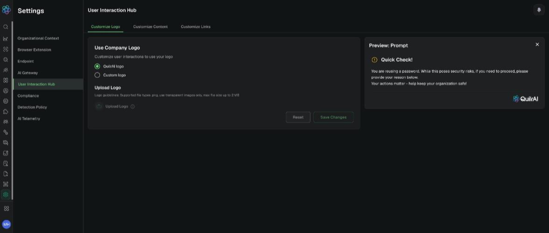 Customize Logo, with the company logo options and the live end-user prompt preview. Example tenant.