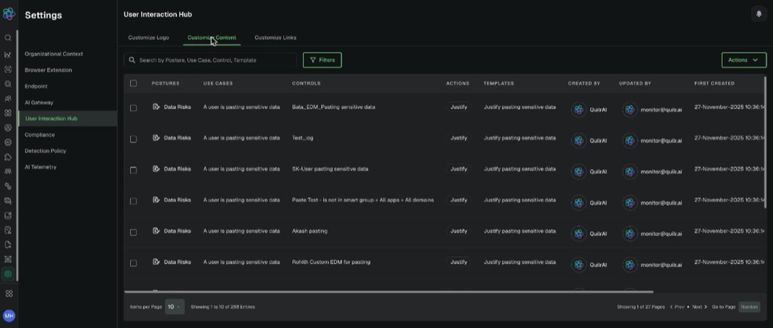 Customize Content: the message library, one row per posture, use case, and control. Example tenant.