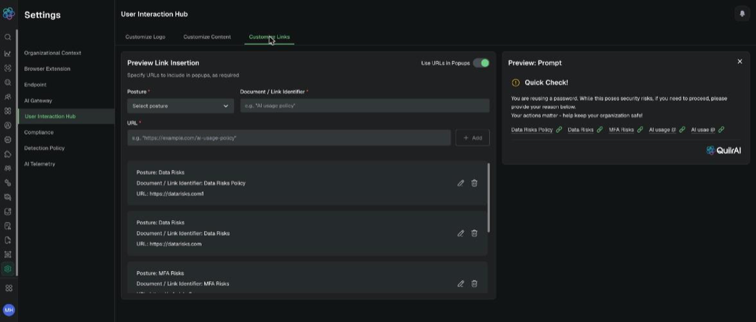 Customize Links, with posture, link identifier, URL, and the links rendered in the preview. Example tenant.