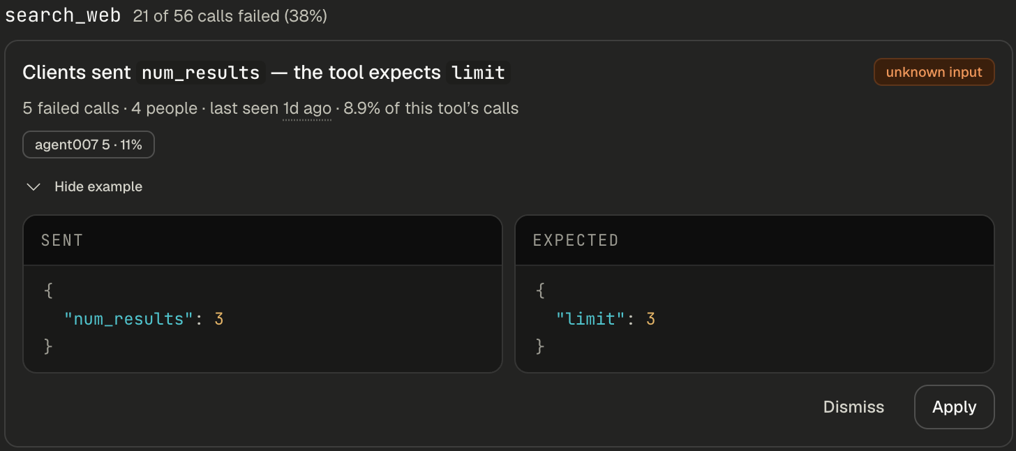 A quick fix card with the example open: SENT shows num_results set to 3 and EXPECTED shows limit set to 3, with Dismiss and Apply buttons