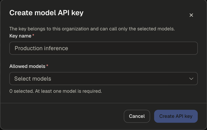Create model API key dialog