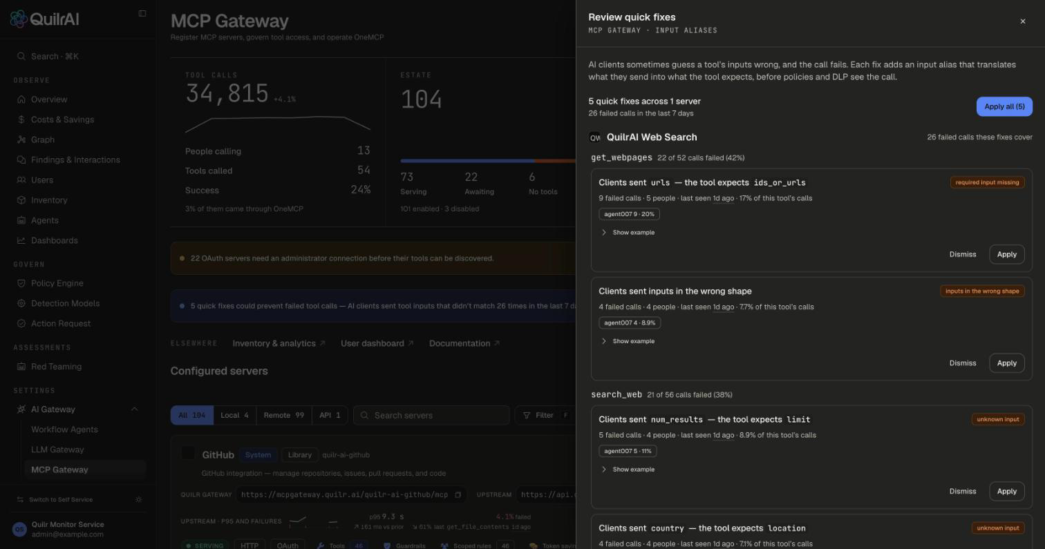 Review quick fixes drawer listing fixes for one server, grouped by tool, each with a badge, failed calls, people, last seen, agent chips, Show example, Dismiss and Apply