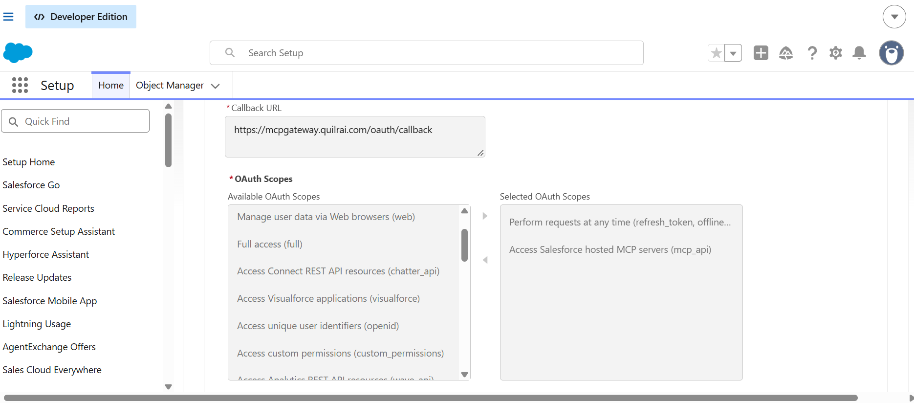 Salesforce External Client App OAuth settings showing the QuilrAI callback URL and the refresh_token and mcp_api scopes selected