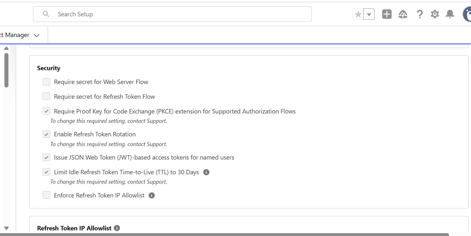 Salesforce External Client App Security settings with PKCE, Refresh Token Rotation, and JWT-based access tokens enabled and the secret requirements disabled