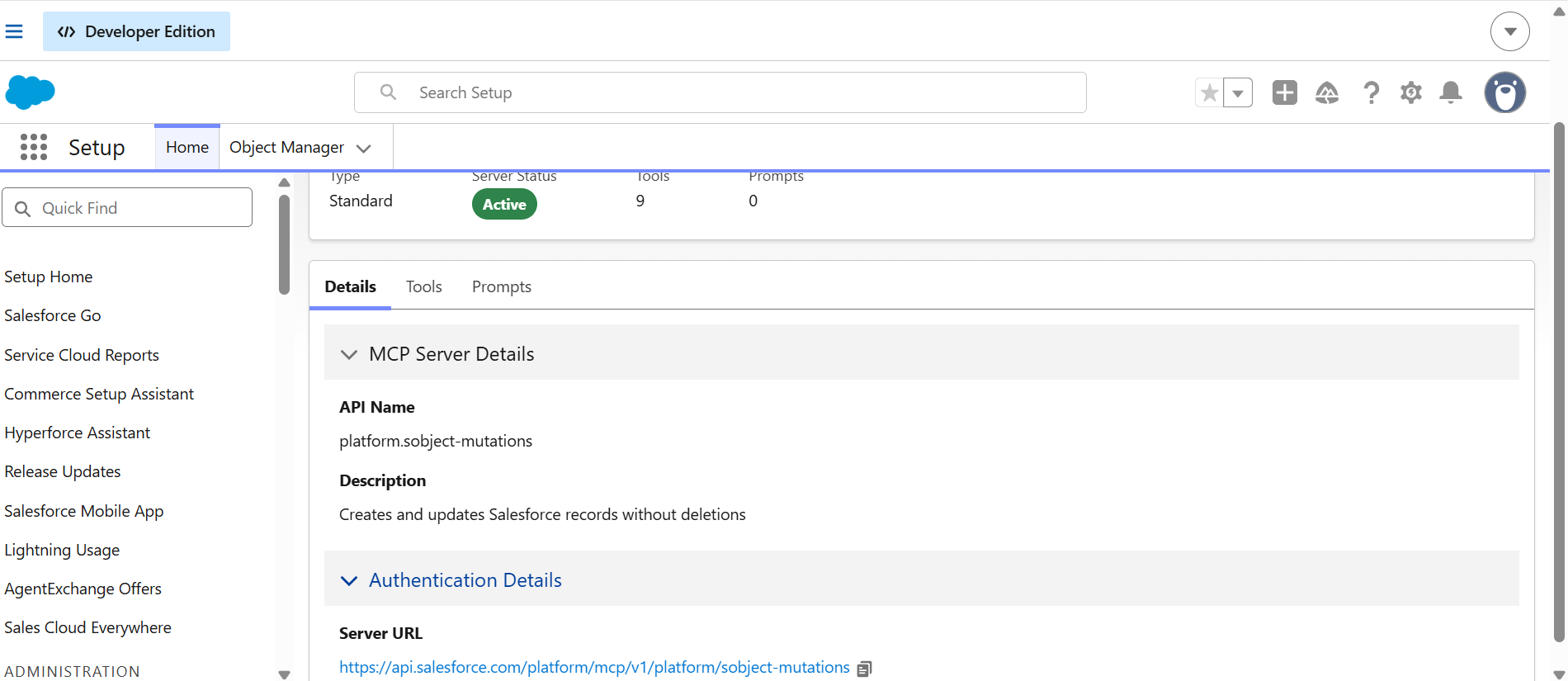 Salesforce MCP server details page for the SObject Mutations server showing the Active status, tool count, and Server URL