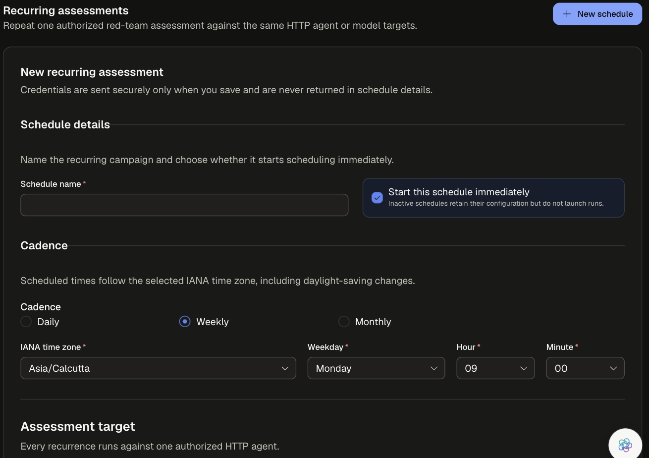 New recurring assessment form with Schedule name, Start this schedule immediately, and Cadence set to Weekly on Monday at 09:00 in the selected IANA time zone