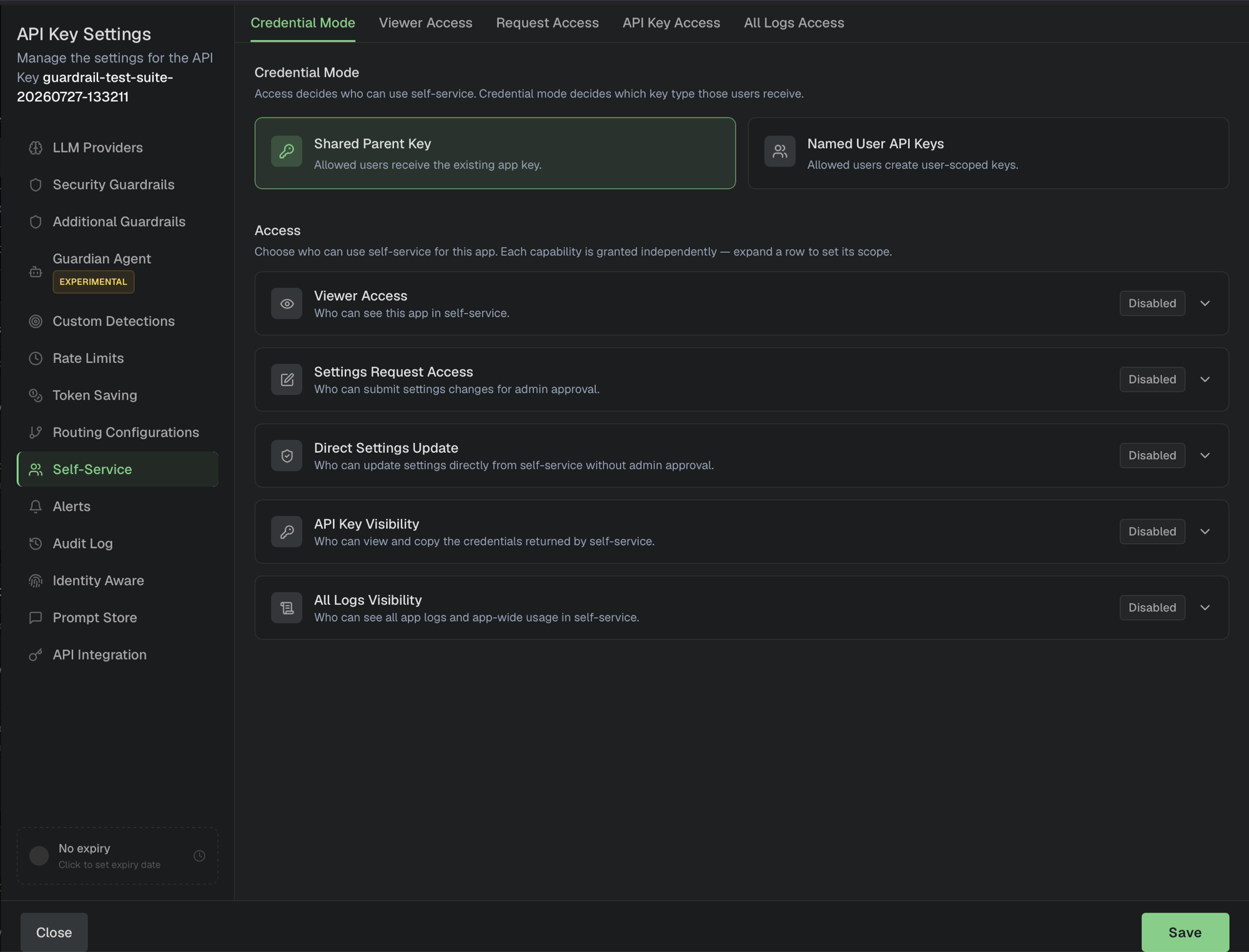 API Key Settings with the Self-Service tab selected, showing the Credential Mode choice and the Viewer Access, Settings Request Access, Direct Settings Update, API Key Visibility, and All Logs Visibility rows