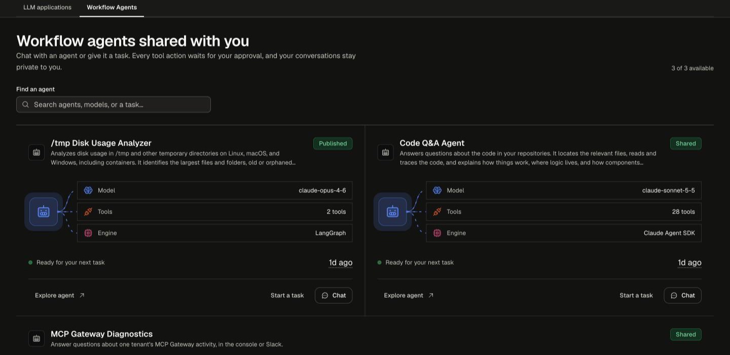 Self Service portal, Workflow Agents tab listing the agents shared with the user, each with its model, tools, engine, Explore agent, Start a task and Chat