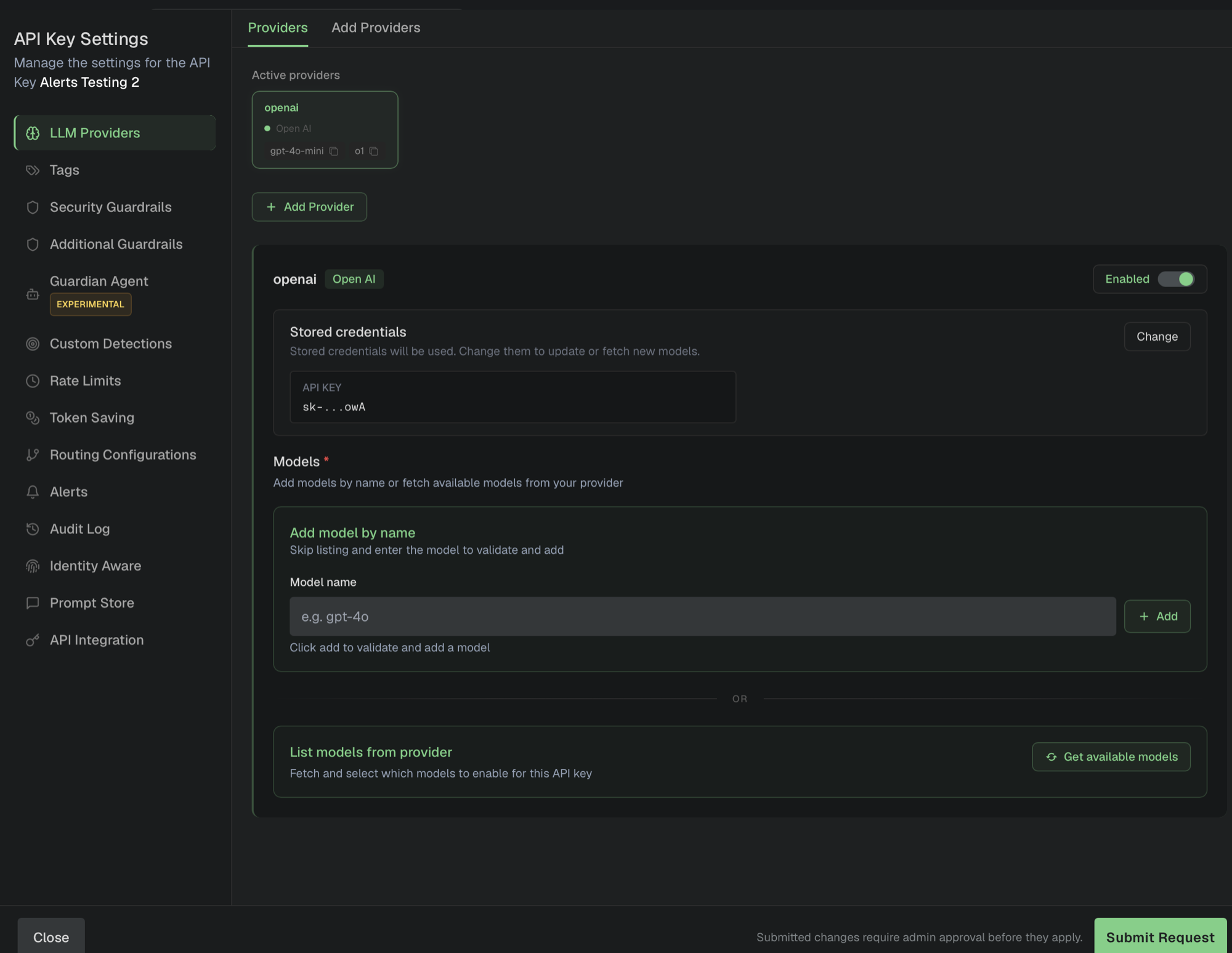 The self-service settings editor with the LLM Providers section open and a footer reading "Submitted changes require admin approval before they apply" next to a Submit Request button