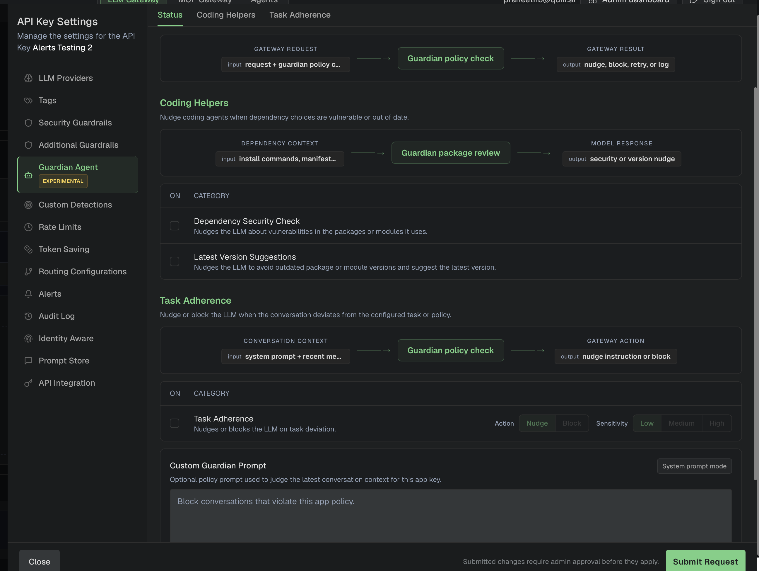 Guardian Agent section showing the status flow diagram, the Coding Helpers and Task Adherence category toggles, and the Custom Guardian Prompt box