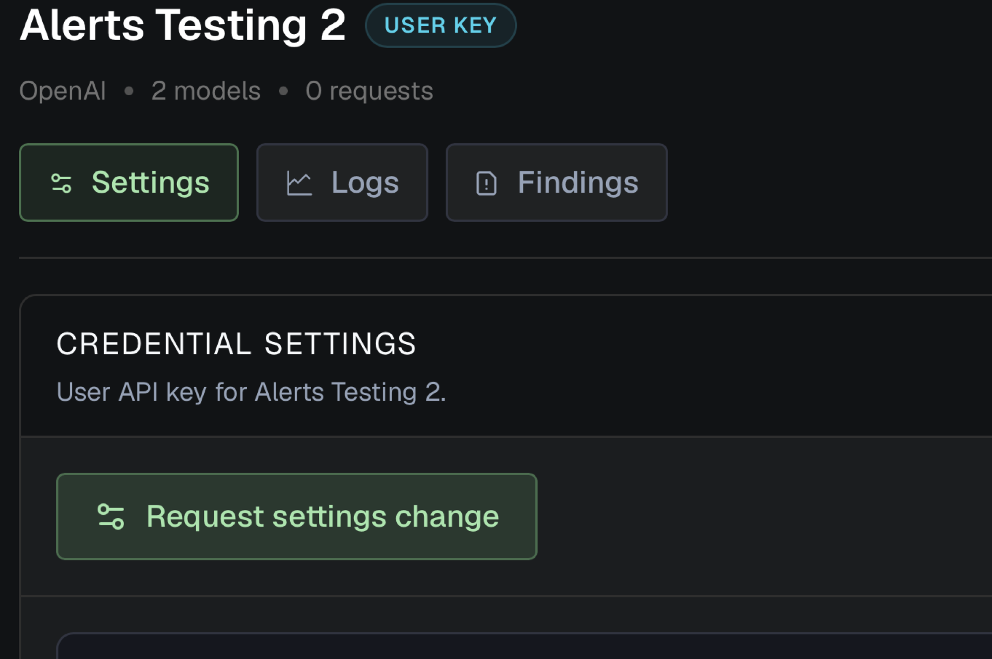 An app opened in the Self-Service portal with Settings, Logs, and Findings tabs, showing the credential settings card and a Request settings change button