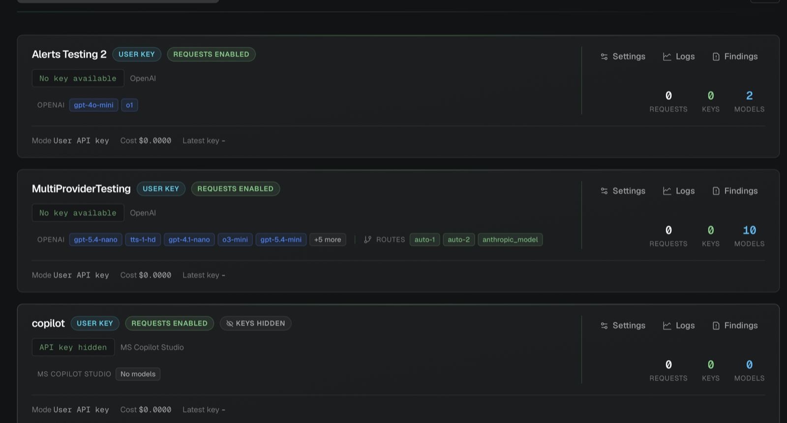 Self-Service portal listing the apps a developer can access, each card showing its credential mode, enabled capabilities, models, routes, and request, key, and model counts