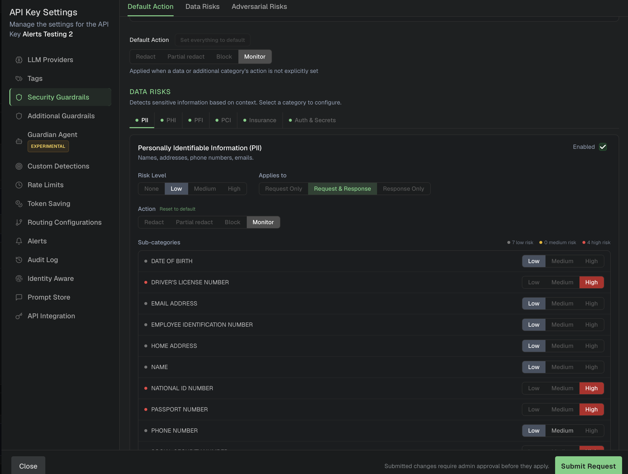 Security Guardrails section of the self-service settings editor, showing the Default Action row, the Data Risks category tabs, and the PII sub-category list with per-item risk levels