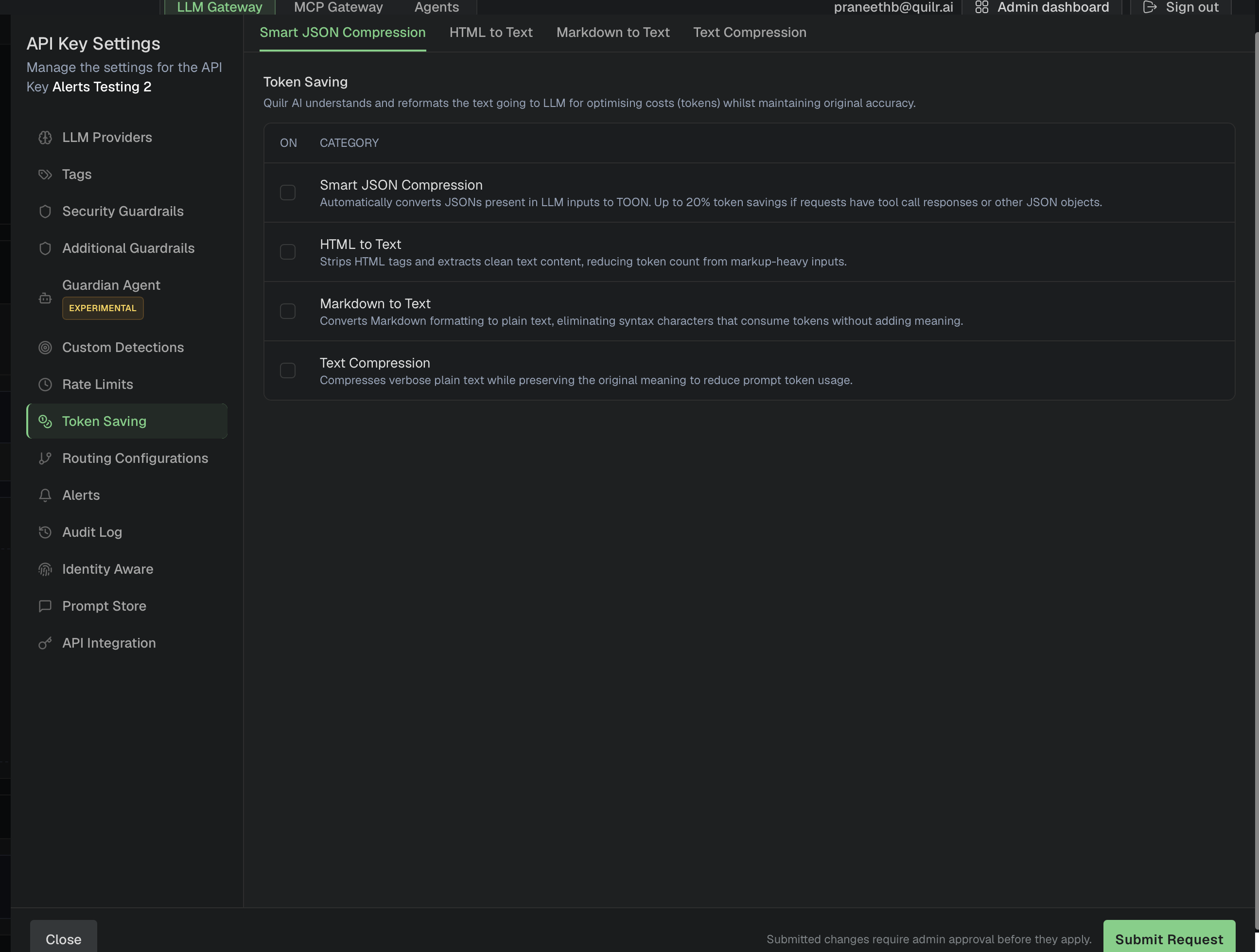 Token Saving section listing Smart JSON Compression, HTML to Text, Markdown to Text, and Text Compression with their toggles
