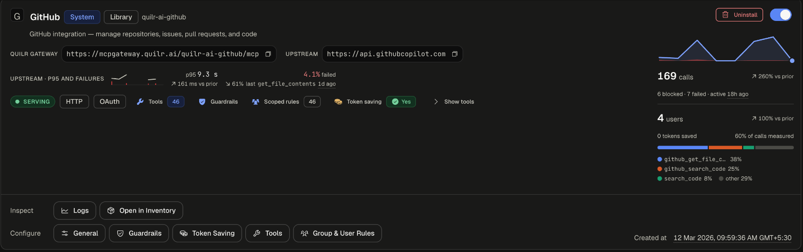 MCP server card for GitHub with its gateway and upstream URLs, status, transport and auth, feature chips, and the Inspect and Configure button rows
