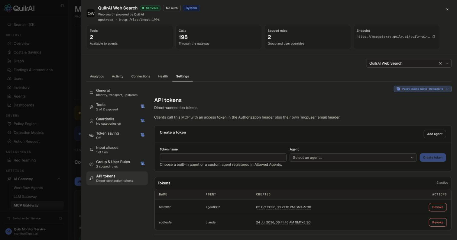 API tokens section with the Create a token card (Token name, Agent, Add agent, Create token) and the Tokens table with Name, Agent, Created and Revoke