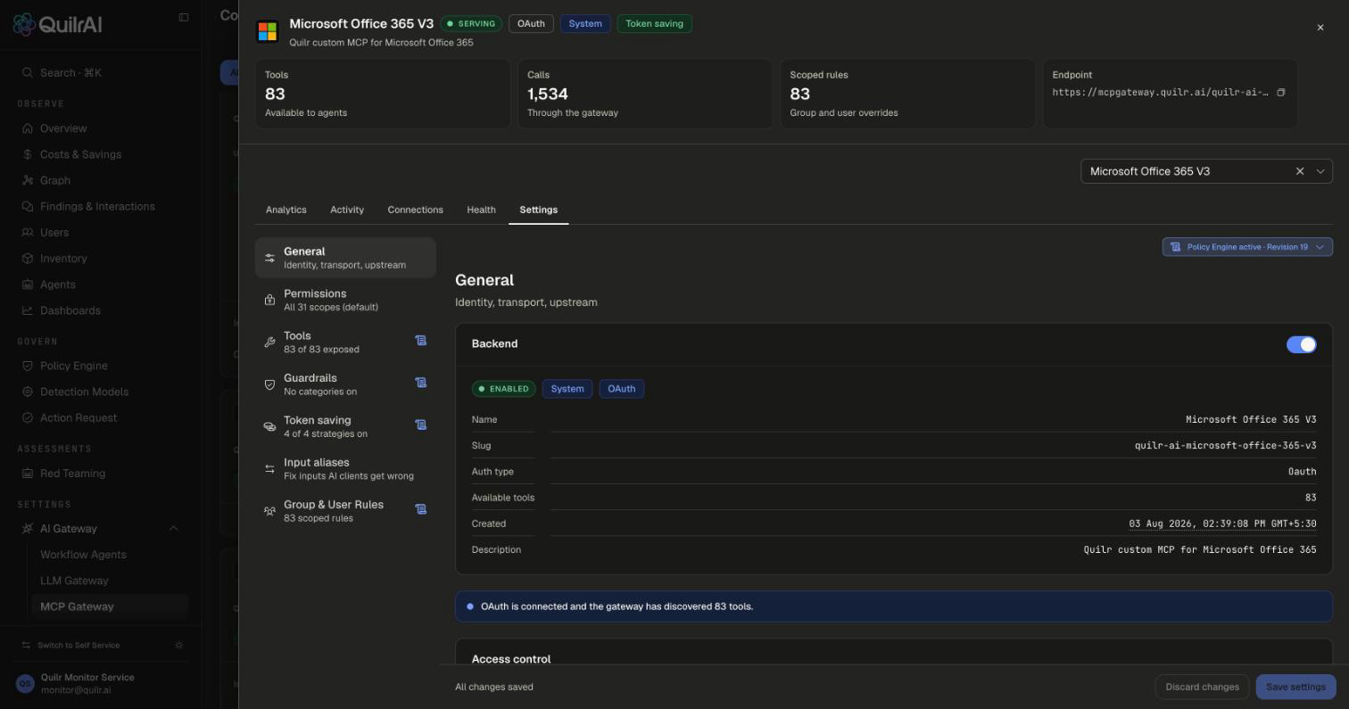 General section of a server's settings with the Backend card showing Name, Slug, Upstream server, Auth type, Available tools and Created