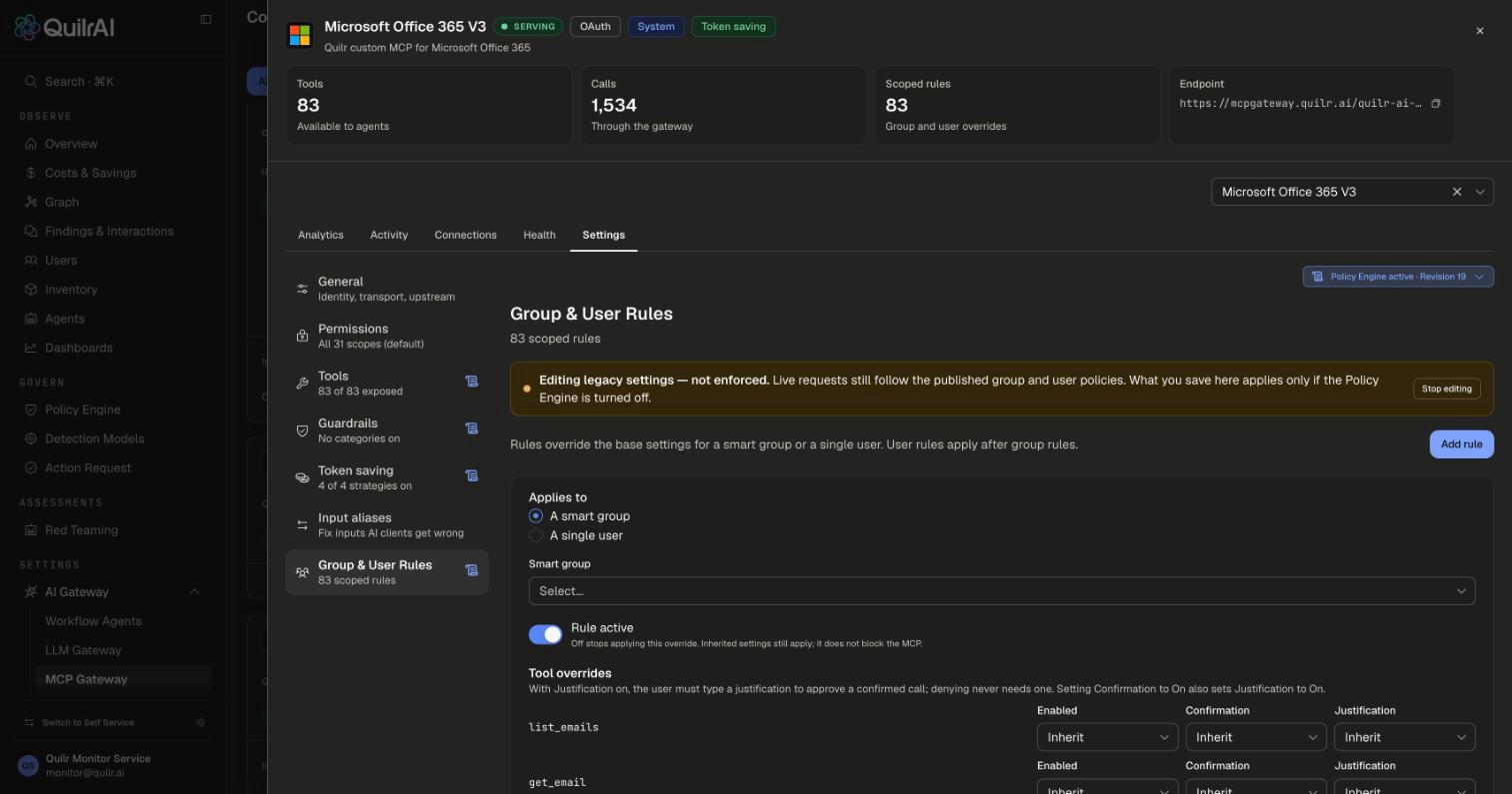Group & User Rules section with Add rule, Applies to A smart group or A single user, Smart group picker, Rule active switch and Tool overrides