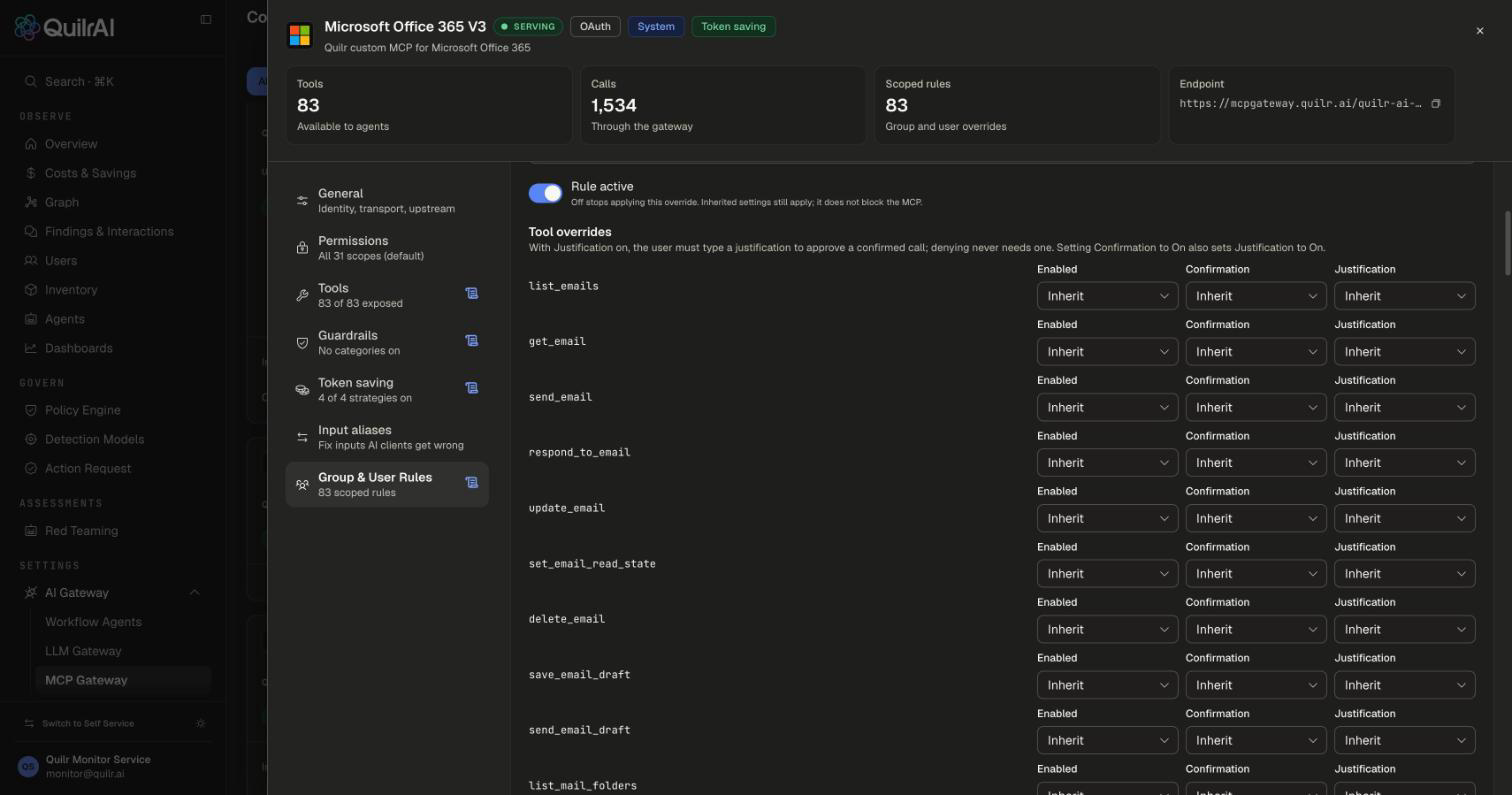 Tool overrides list with Enabled, Confirmation and Justification set to Inherit for each tool