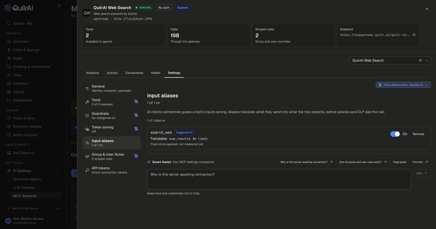 Input aliases section of a server's settings, listing each alias with its tool, what it translates, its source tag, calls fixed and an On or Off switch