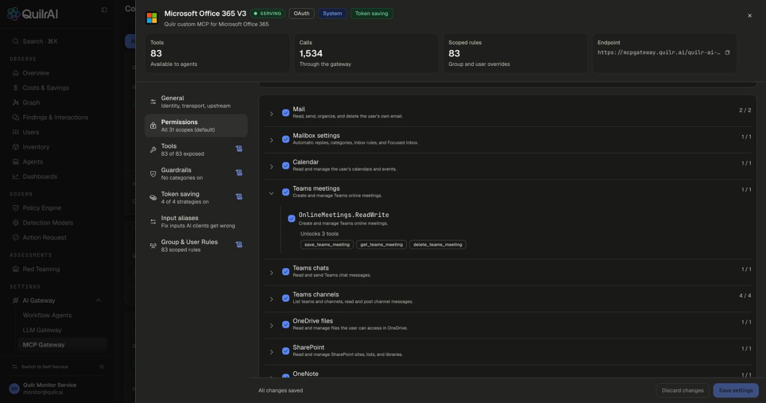 Permissions section for Microsoft Office 365 V3 with the search box, Grant all (default), scope groups with counts, and one group expanded to show a scope and the tools it unlocks