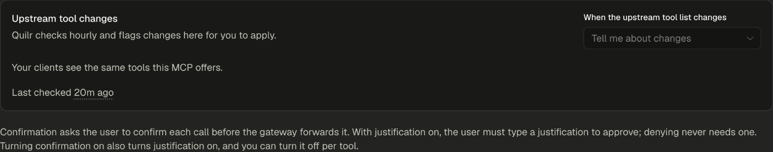 Upstream tool changes card with the When the upstream tool list changes selector, Last checked time and the Check now button