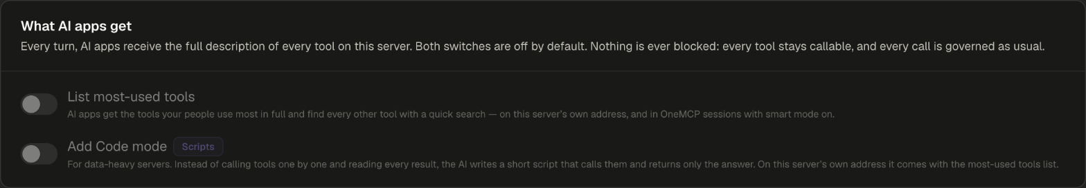Tool list section with the What AI apps get card and the List most-used tools and Add Code mode switches