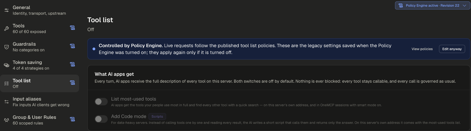 Tool list section marked with the Policy Engine icon, the Controlled by Policy Engine banner with View policies and Edit anyway, and the switches locked